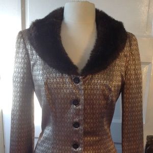 Metallic Brown Skirt & Blazer Suit Set fur collar